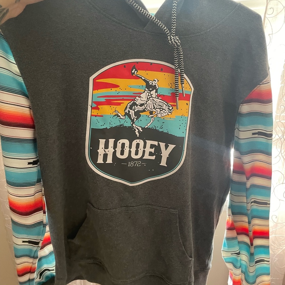 Hooey Charcoal Hoodie with Multicolor Striped Sleeves
